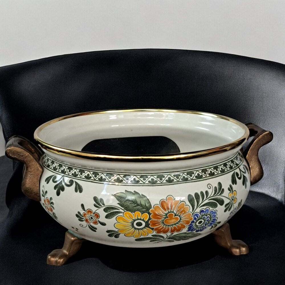 ASTA Enamelware Footed Warmer Chafing Dish BOTTOM ONLY Brass Handles 7"